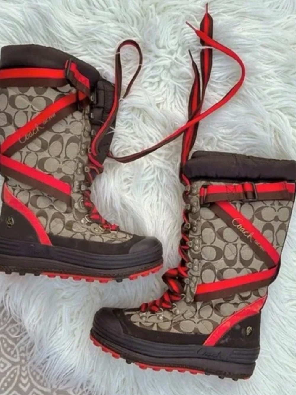 Coach Brown Signature Logo Winter Boots with Red Trim - Picture 3 of 3